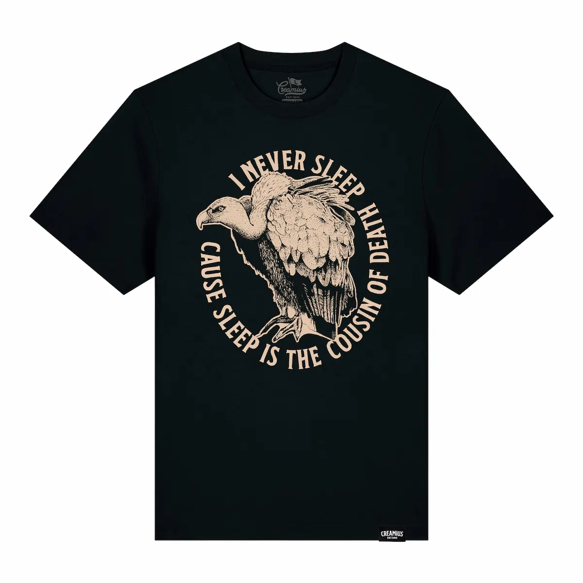 Diseño Death: Camiseta negra con buitre en color crema.