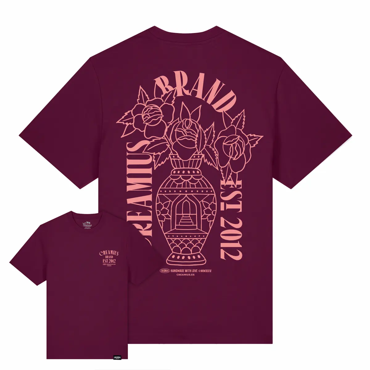 Diseño Jarrón: Camiseta berenjena con jarrón en color coral.